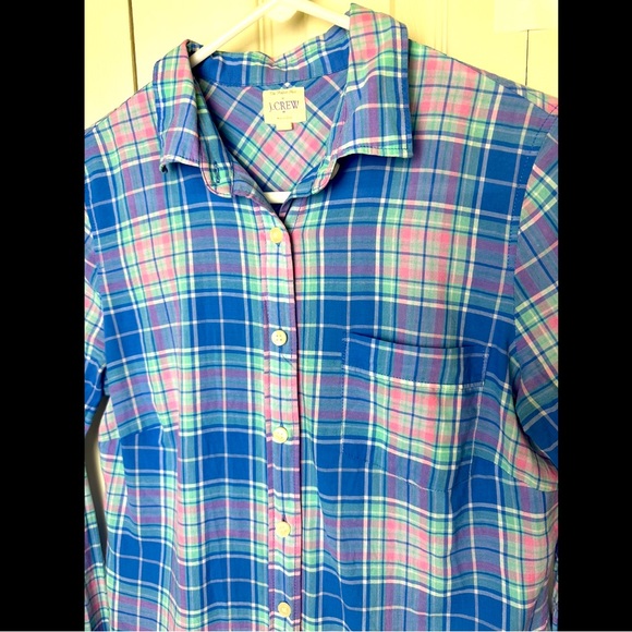 J. CREW The Perfect Shirt Blouse Blue Pink Plaid Button Down Top Blue Pink White - Picture 3 of 6